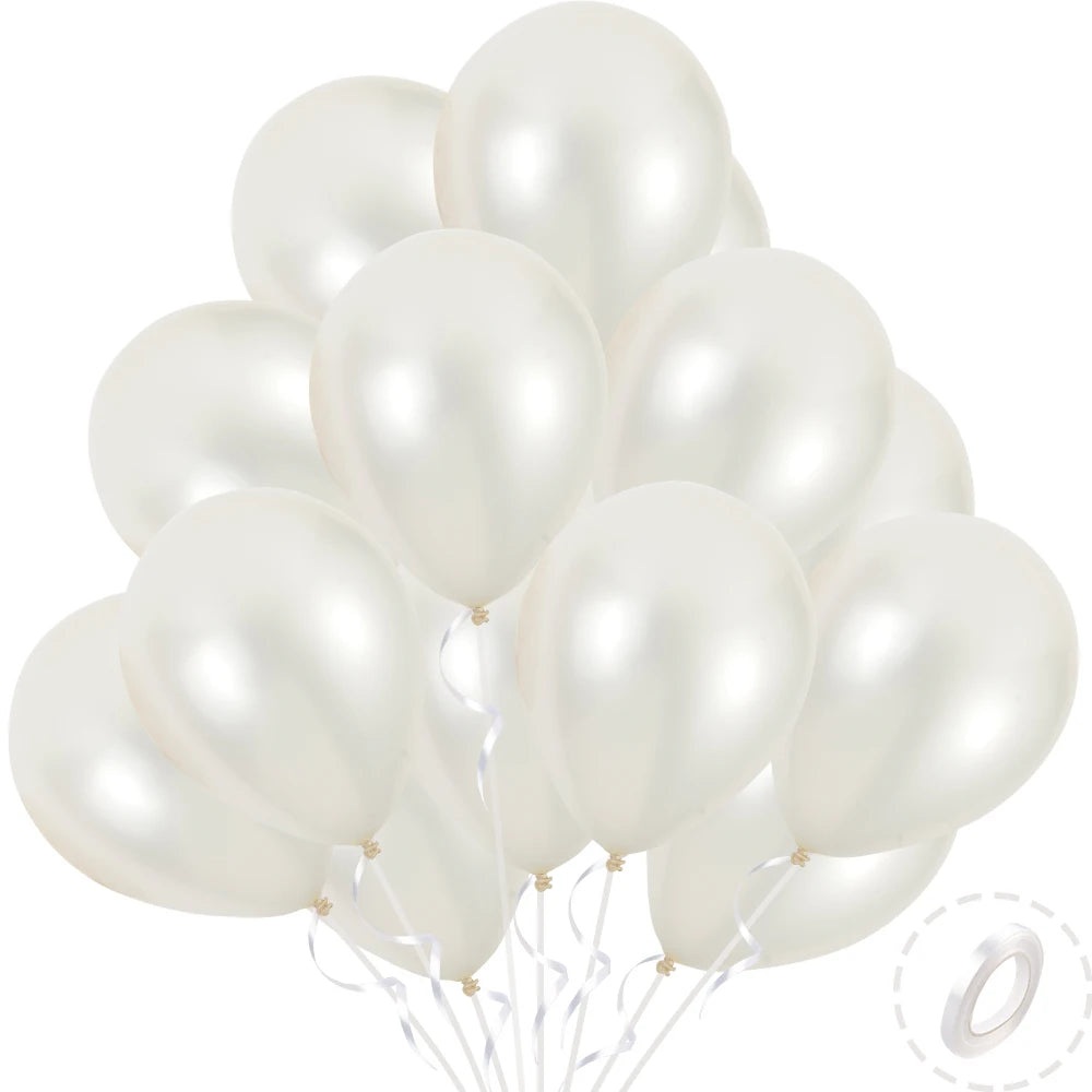 A bunch of white pearl latex balloons tied together for party decor.
