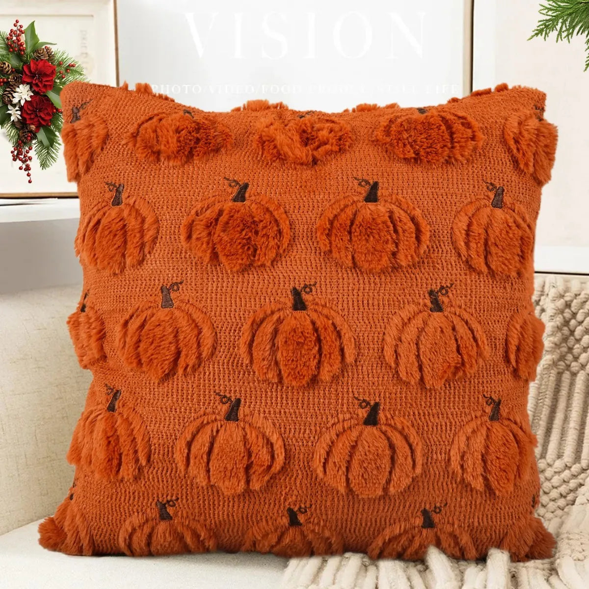 A textured orange plush pumpkin ghost pillow cover used for Halloween decor.