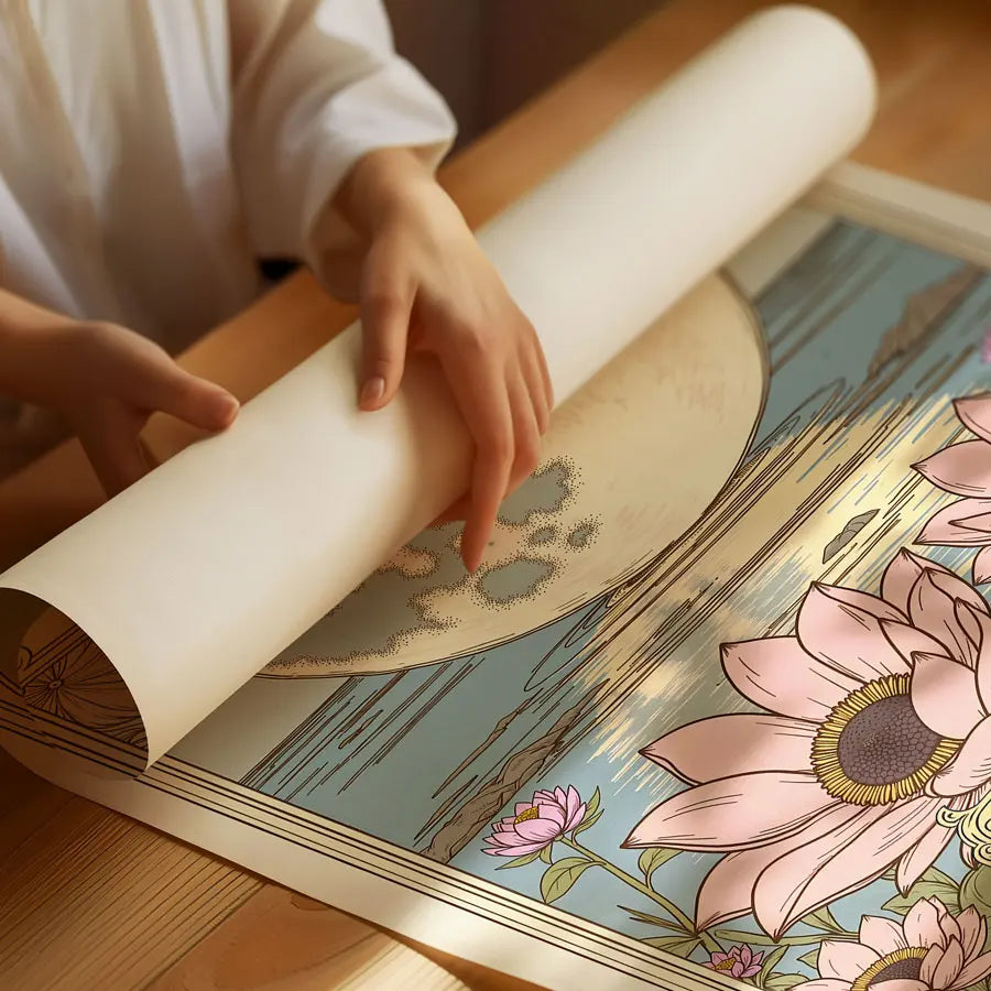 A hand is holding a rolled canvas featuring floral art and celestial designs on a wooden surface.