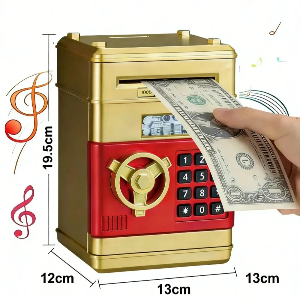 A gold and red ATM-style piggy bank with an electronic lock is shown dispensing a stack of US dollar bills.