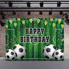A vibrant soccer field backdrop featuring a green pitch, grass, and a large text wishing a happy birthday.