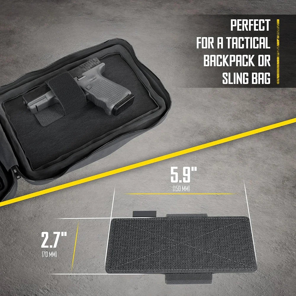 A tactical holster is shown inside a black padded pouch, demonstrating its fit for a backpack or sling bag.