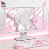 A white computer monitor displaying a pink anime-style character with large ear wings, next to a pink keyboard.