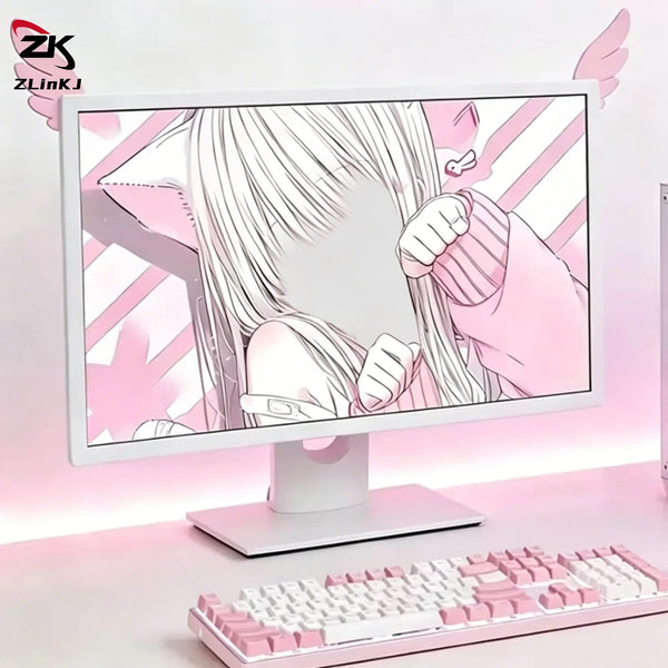 A white computer monitor displaying a pink anime-style character with large ear wings, next to a pink keyboard.