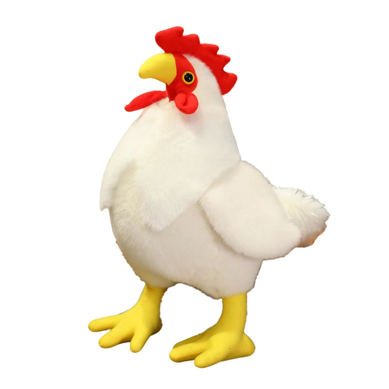 A white plush rooster toy with a red comb and yellow legs.