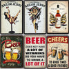 A collection of vintage beer metal tin signs featuring Sailor Jerry artwork, a beer graphic, and a cheers sign.