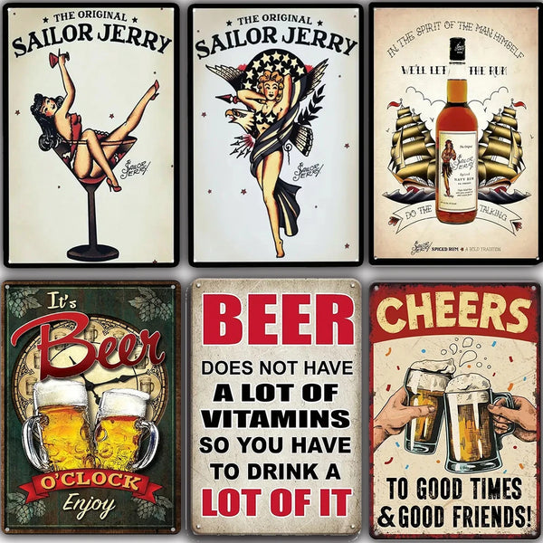 A collection of vintage beer metal tin signs featuring Sailor Jerry artwork, a beer graphic, and a cheers sign.