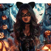A woman with long dark hair wearing a black cat ear headband and eye mask set in a spooky Halloween-themed setting.