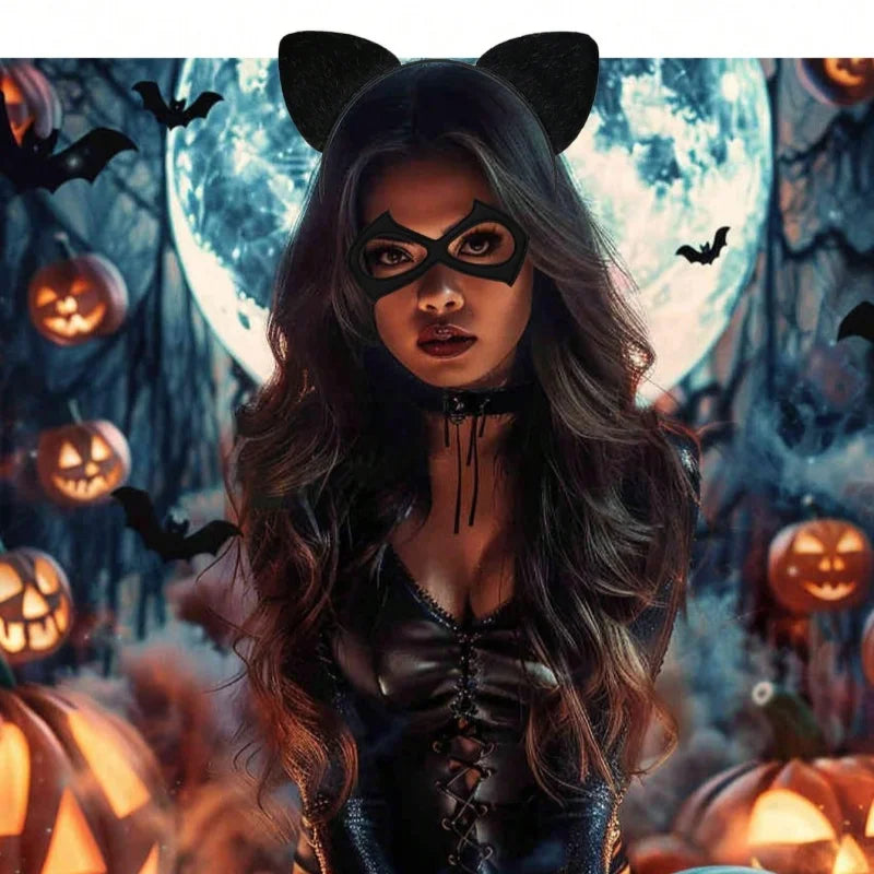 A woman with long dark hair wearing a black cat ear headband and eye mask set in a spooky Halloween-themed setting.