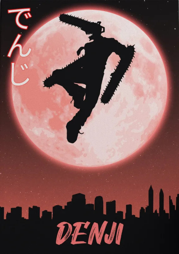 A dark silhouette of Chainsaw Man leaping against a large pink moon, with a city skyline below and the title DENJI.