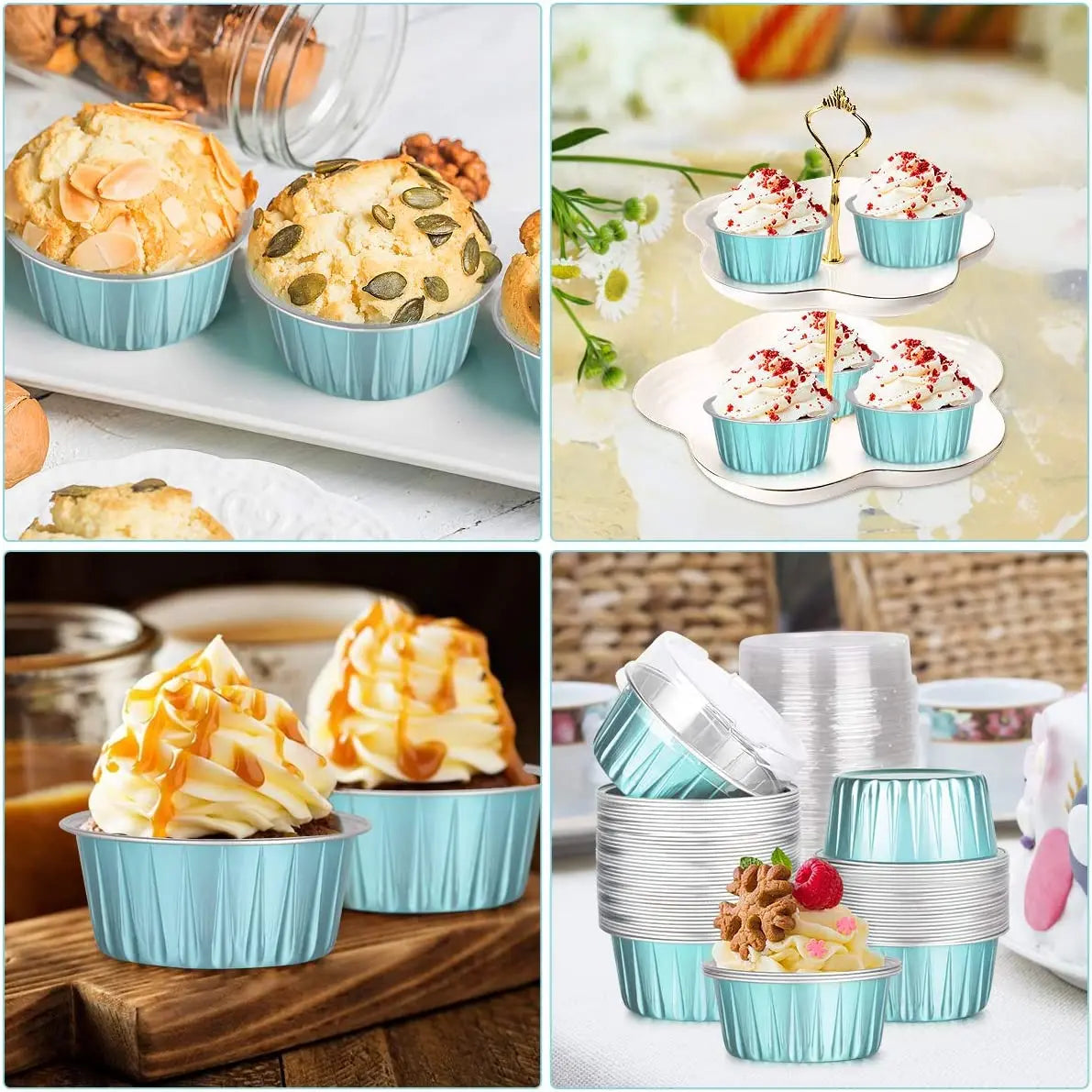 A collection of reusable aluminum foil dessert ramekins with lids in various shades of blue and silver.