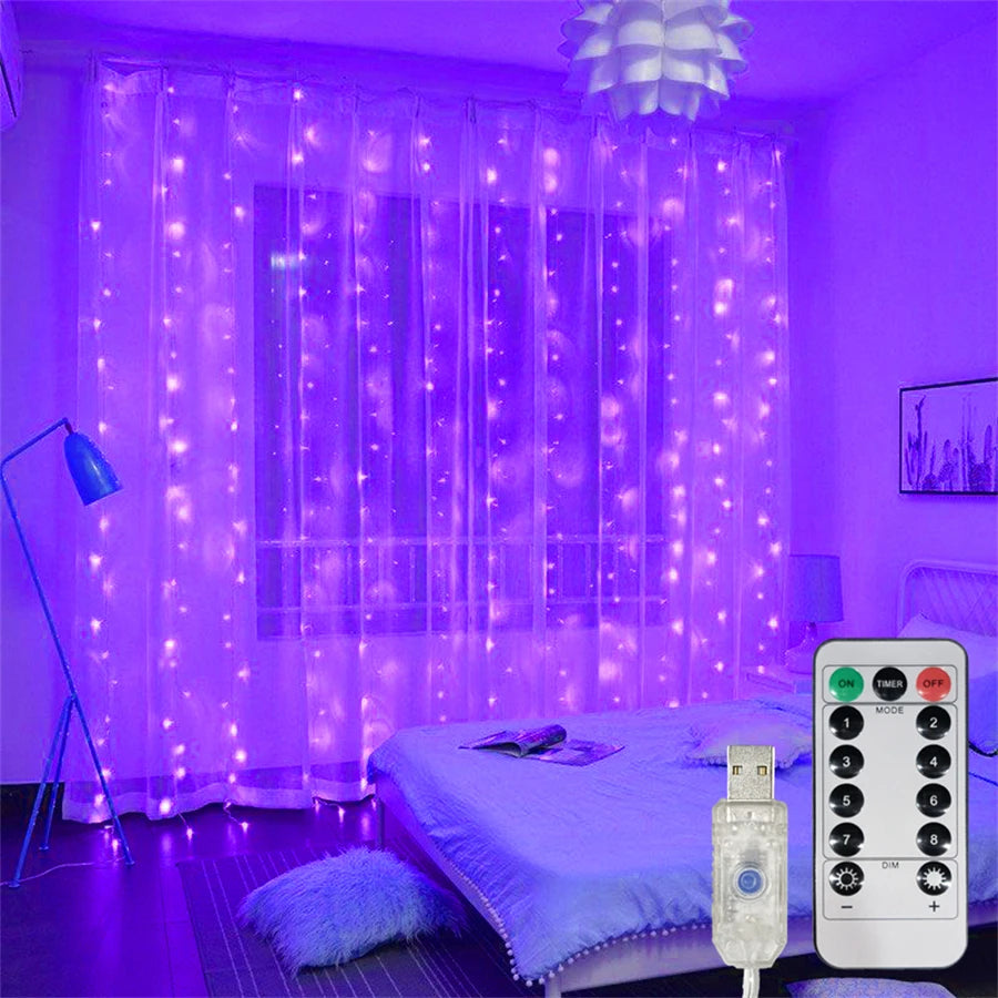 Purple LED curtain string lights illuminating a window and bedroom setting.