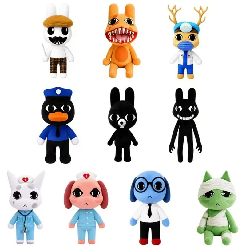 A collection of various animal plush toys including a white dog, an orange dog, a black bat, and several blue and green anima