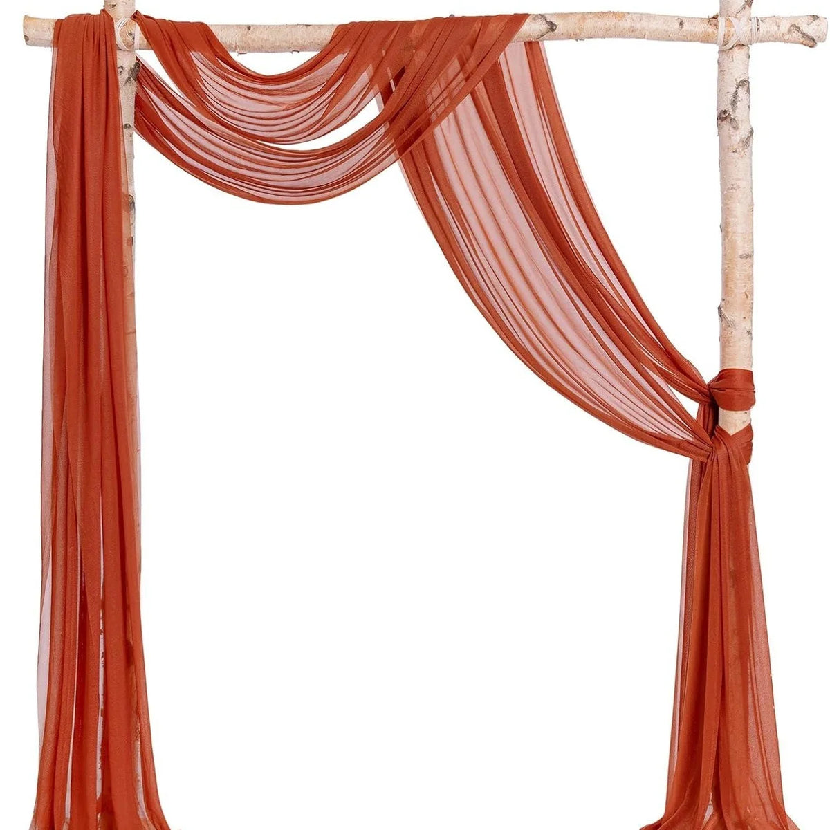 Orange chiffon fabric drapes forming an elegant arch backdrop for weddings and events