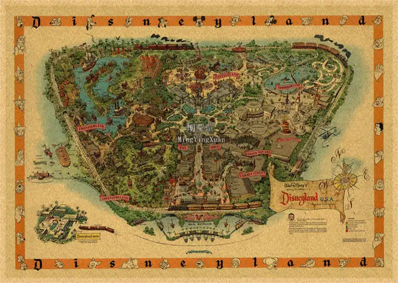Vintage Disney Disneyland map poster featuring the park layout and surrounding area.