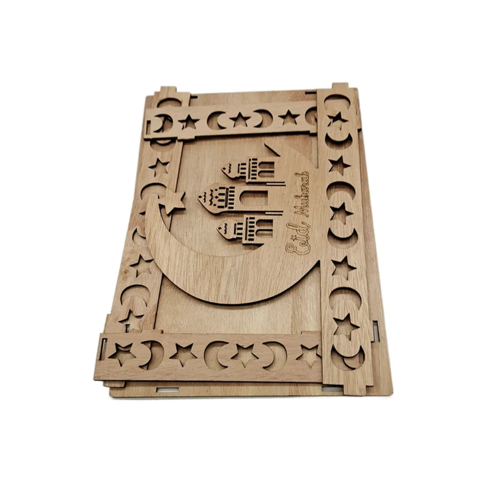 Bandeja de madera Eid Mubarak tallada con patrones decorativos para decoración de Ramadán