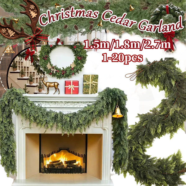 Christmas cedar garland featuring evergreen branches and gold bells displayed on a fireplace mantel