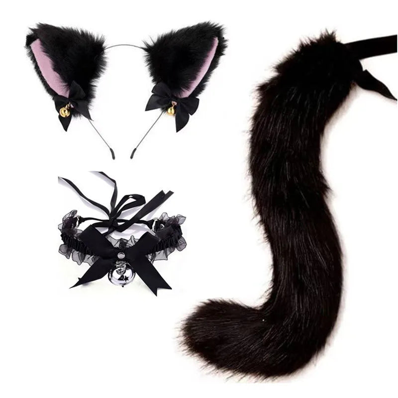 Black furry cat ear headband and tail costume set
