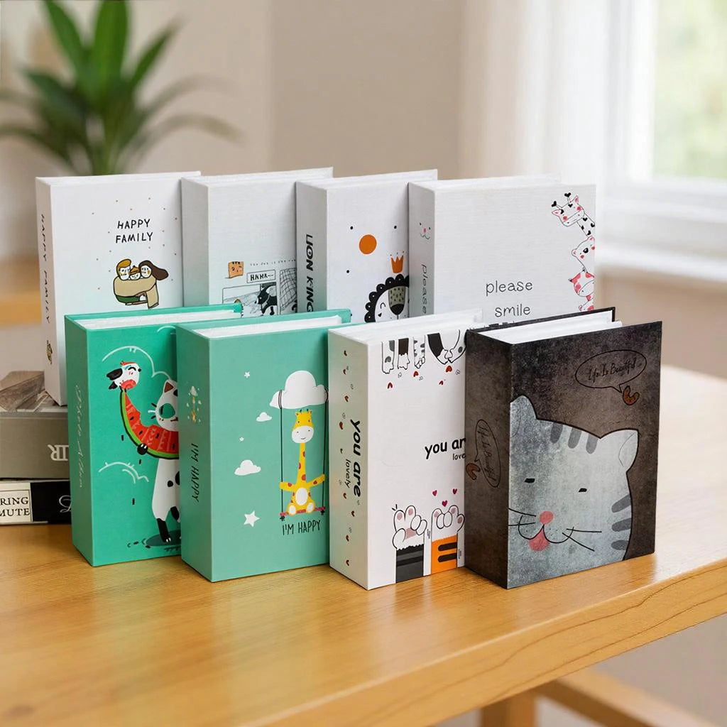 A collection of colorful cartoon cover photo albums featuring various happy family and smile themes.