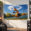 A vibrant tapestry featuring Chicken Joe Wall, a movie-inspired rooster, against a bright blue sky and green landscape.