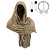A beige hooded cloak with fringed edges and a silver Viking-style brooch, accompanied by a hook and a horseshoe-shaped pin.