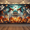 A dark Halloween neon backdrop featuring pumpkins, bats, ghosts, and spooky decorations for a photo booth.