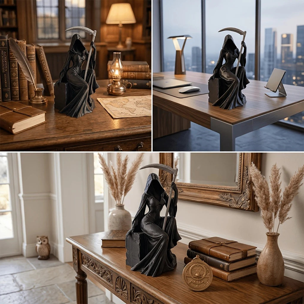 Dunkle gotische Totenstatue mit gebogener Sense auf einem Holztablett neben Büchern und Dekoration