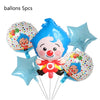 A set of five balloons featuring a clown face design in various colors and shapes for a birthday party.
