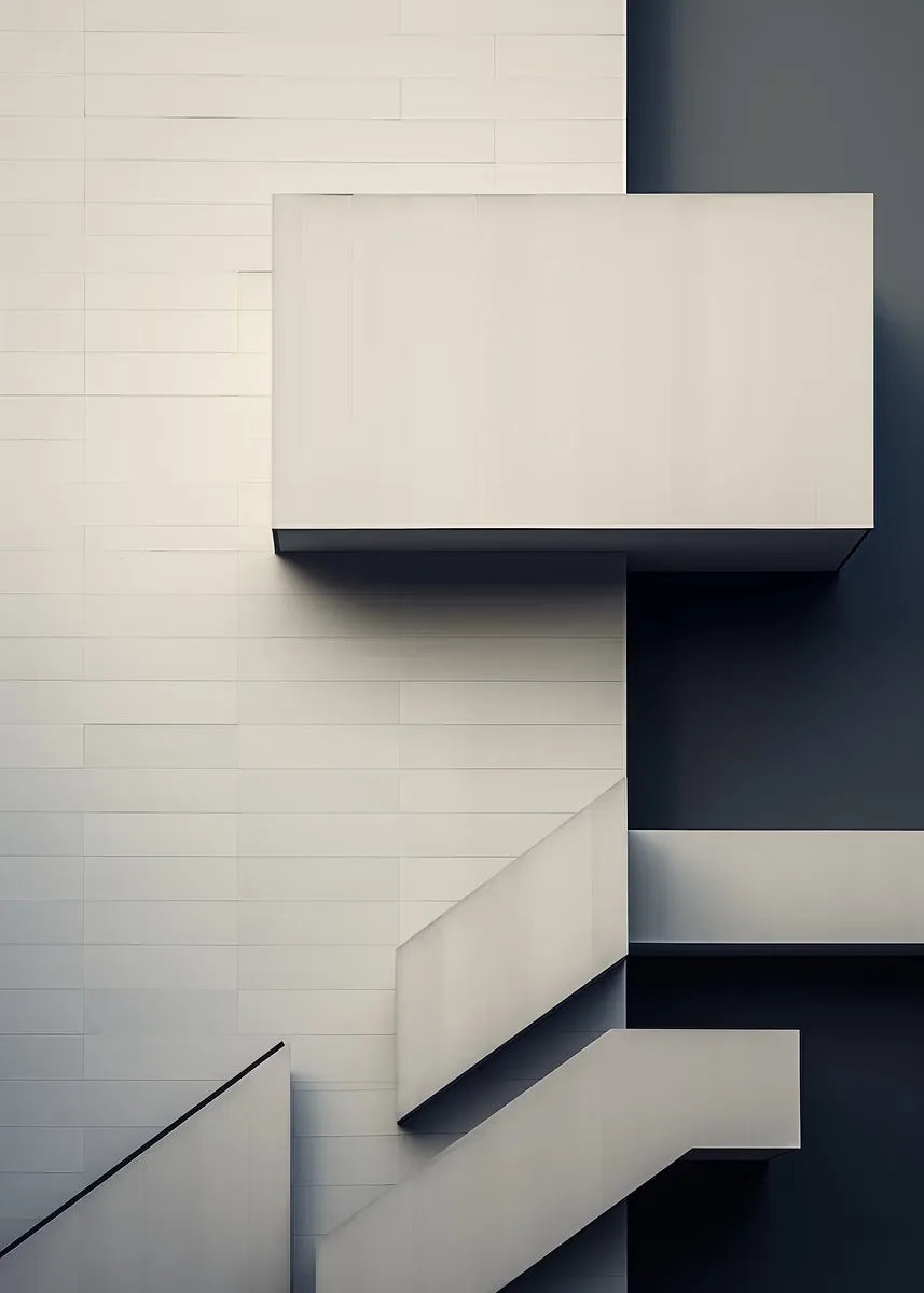 Abstract minimalist architecture featuring white horizontal lines and dark gray surfaces.
