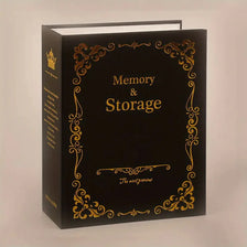 Dunkelbraunes Fotoalbum mit Goldfolgie und verziertem Rand, Titel: Memory & Storage