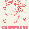 A red line drawing of a champagne glass with a ribbon, surrounded by small hearts, with the text CHAMPAGNE PROBLEMS.