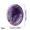 A smooth, oval purple amethyst stone bead shown with its dimensions.