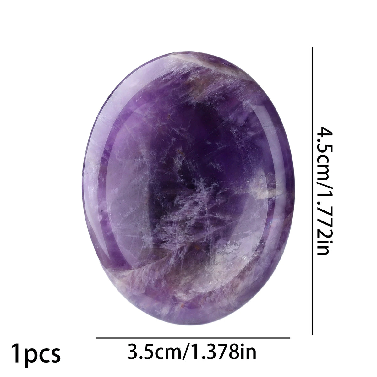 A smooth, oval purple amethyst stone bead shown with its dimensions.