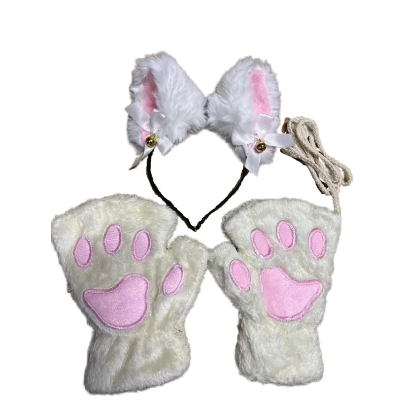 Pair of cute cartoon cat paw gloves with fluffy white fur and pink pads, featuring a decorative headband.