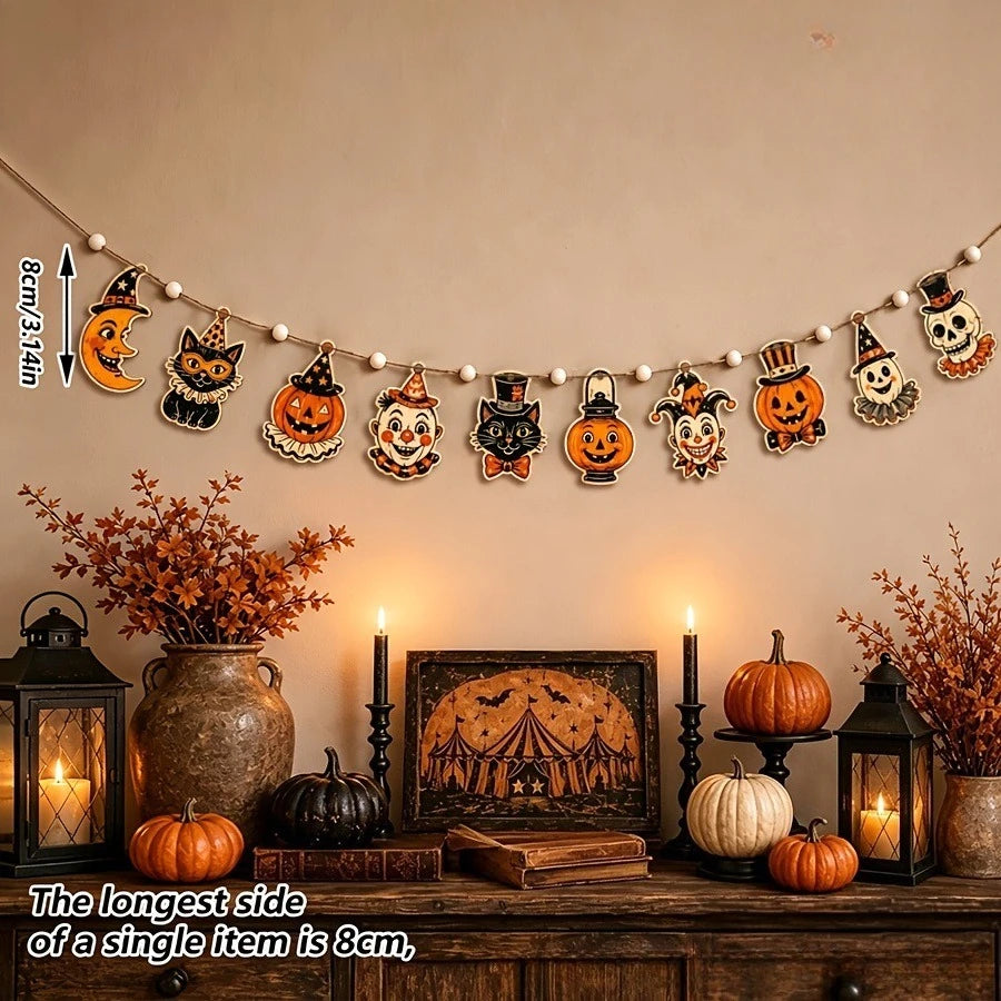 Vintage Halloween wooden hanging garland featuring retro pumpkin, ghost, and cat beads displayed on a wooden surface.