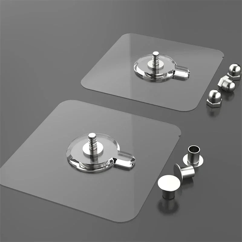 A set of clear adhesive wall hooks with mounting hardware shown on a gray background.