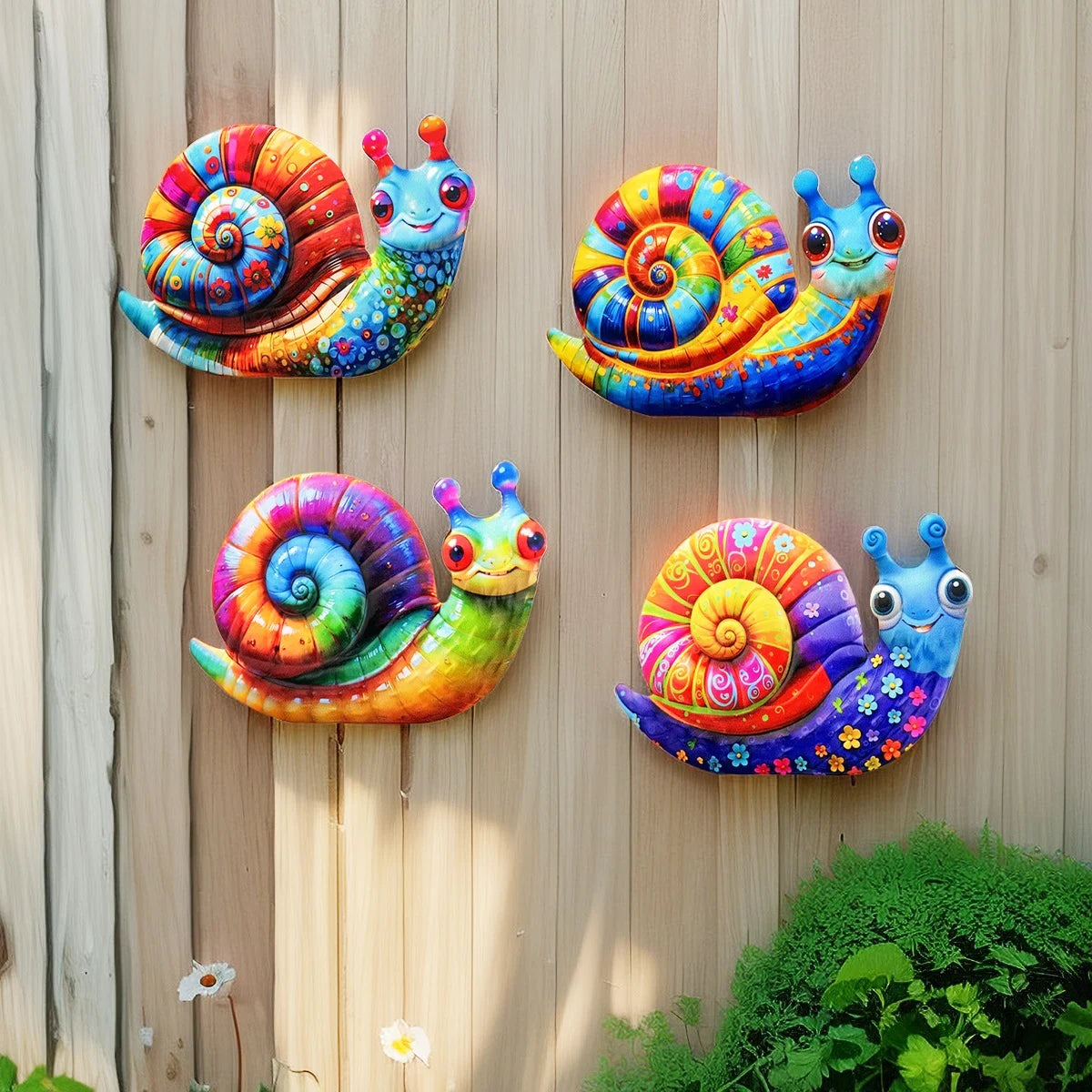 Four colorful metal snail wall art pieces in various shades of blue, green, and orange mounted on a wooden panel.