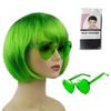 A bright green bob wig with black hair and green tinted sunglasses is displayed on a mannequin.