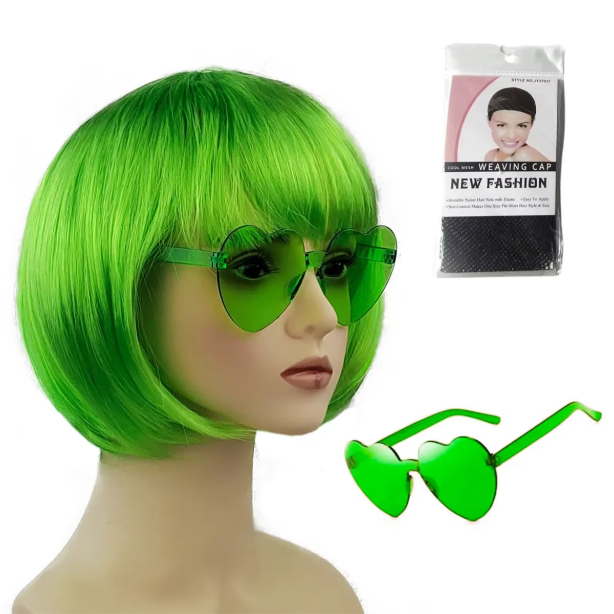 A bright green bob wig with black hair and green tinted sunglasses is displayed on a mannequin.
