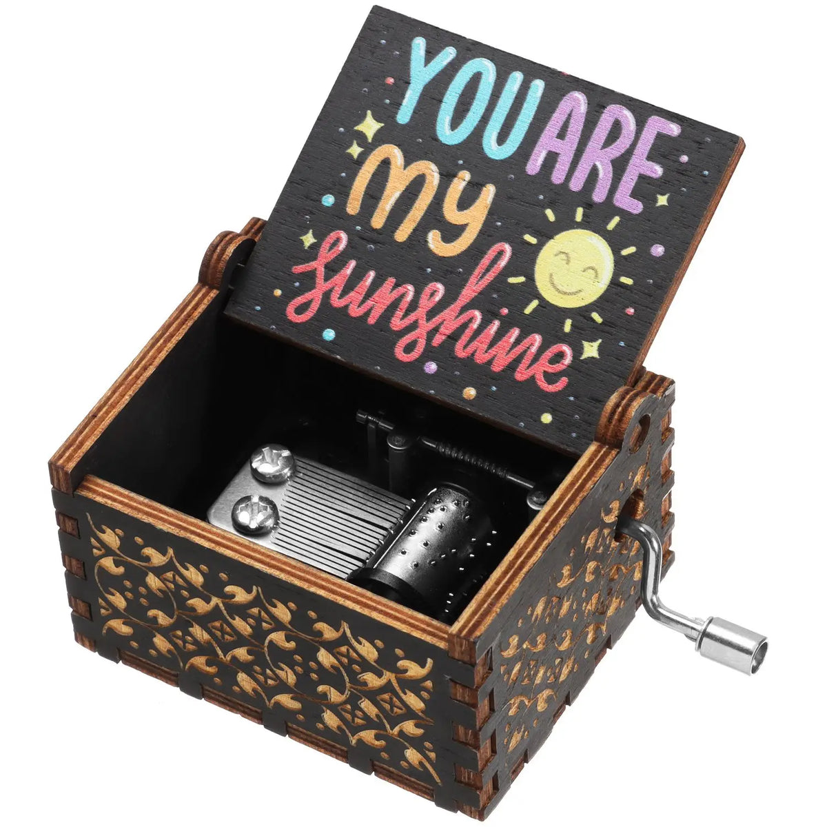 A vintage hand-cranked wooden music box with a lid featuring the text You Are My Sunshine, set in a dark wooden box.