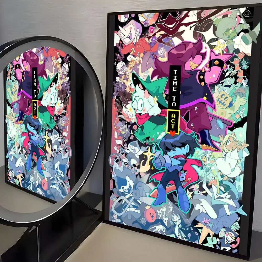 A framed poster featuring characters from Deltarune in a vibrant, detailed illustration.