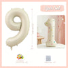 A set of three 32 inch milky white aluminum foil number balloons, including a large number balloon and twenty glue dots.