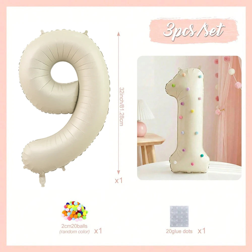 A set of three 32 inch milky white aluminum foil number balloons, including a large number balloon and twenty glue dots.