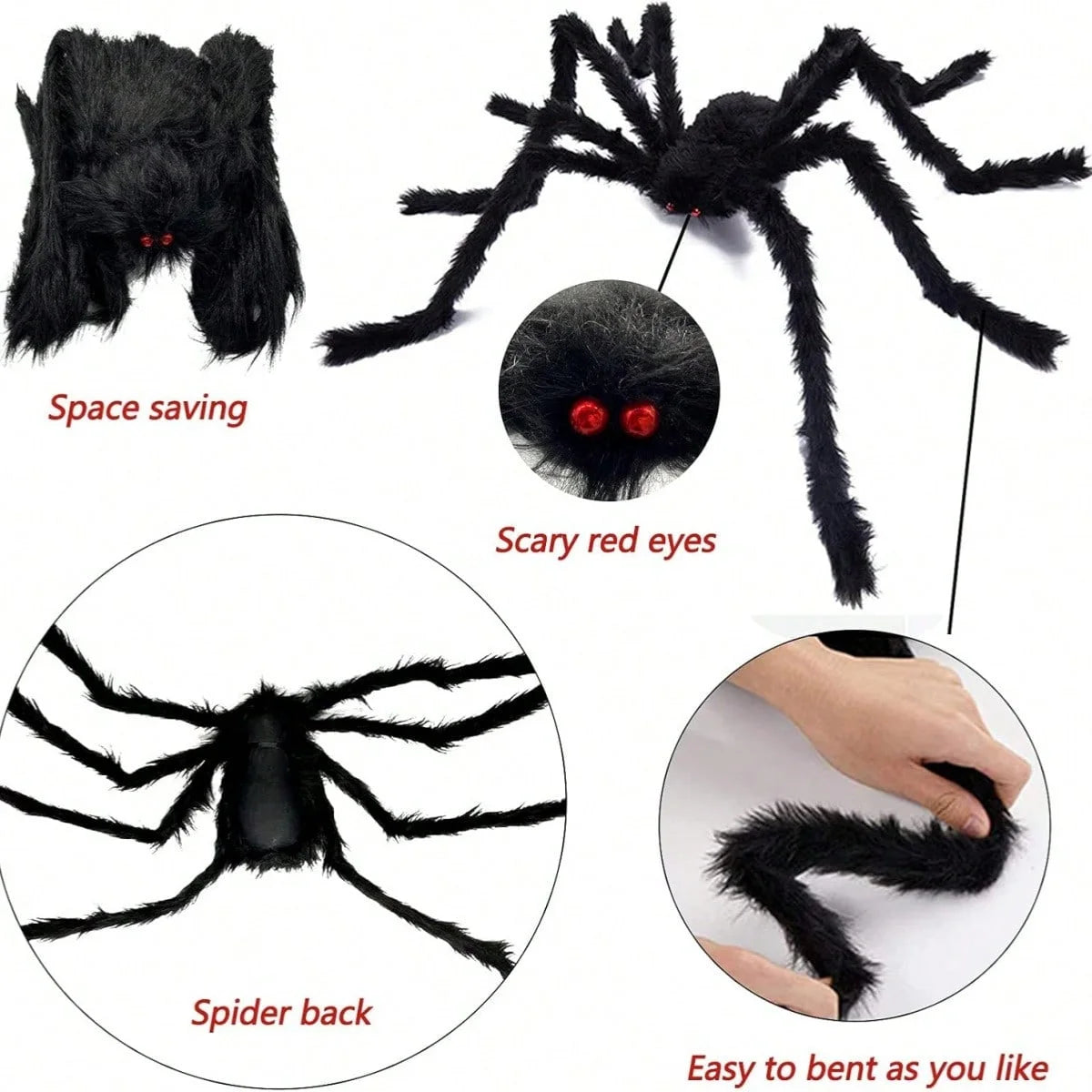 A black spider model showing its body, legs, and eyes, demonstrating space saving and flexibility.