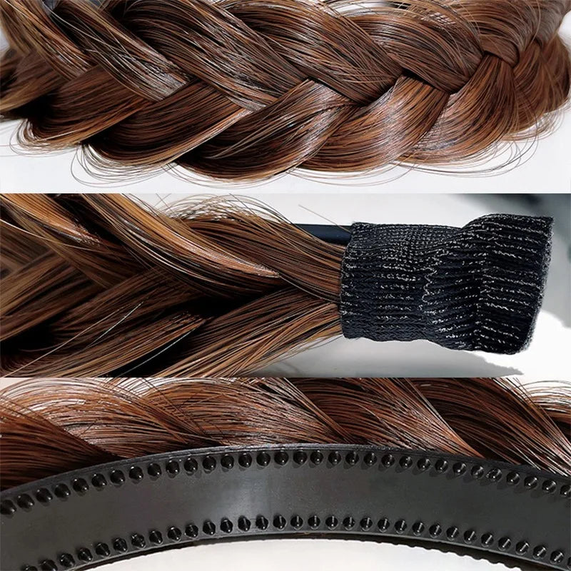 Close-up of brown hair styled in a thick braid using black bohemian hair bands