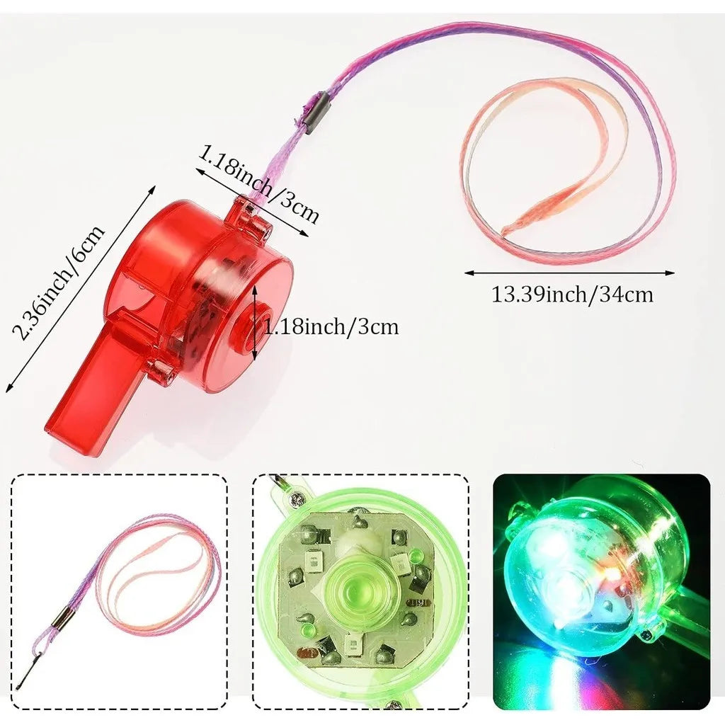 A set of ten LED light-up whistle necklaces with glow in the dark lanyards and a related component.
