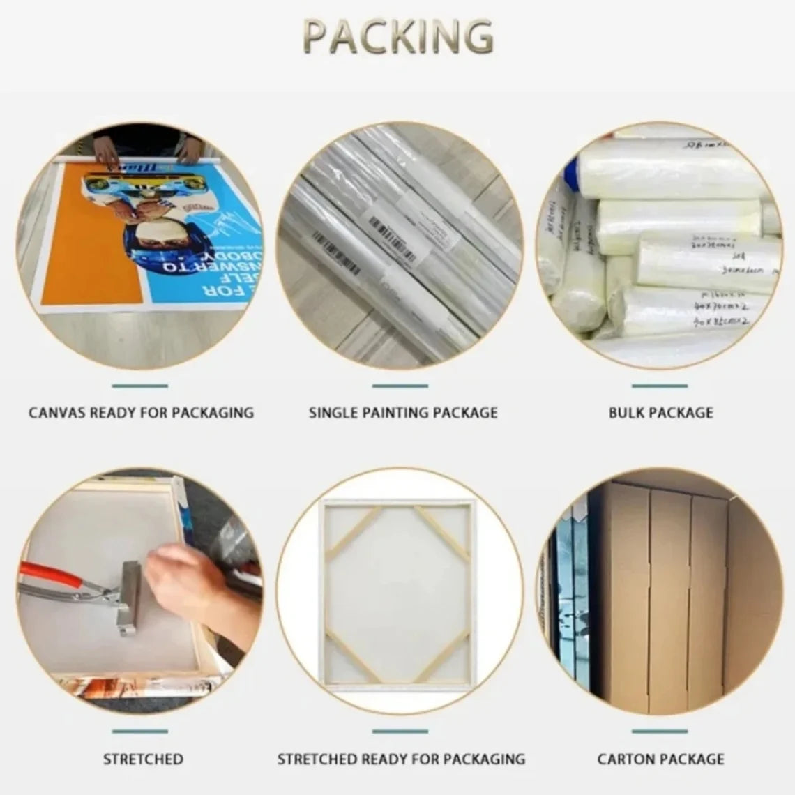 Various packaging options for retro melting vinyl record canvas art including single painting, bulk, stretched, and carton pa