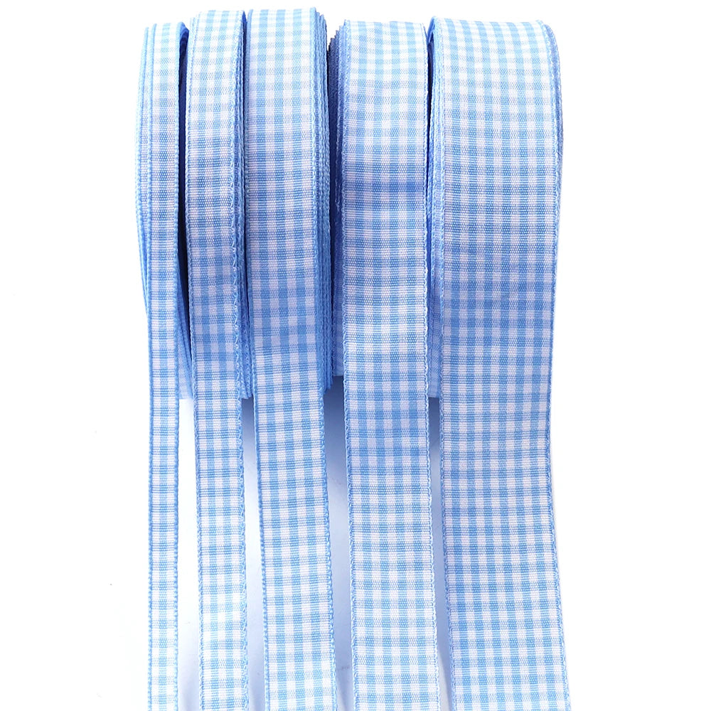 A roll of light blue and white gingham ribbon for gift wrapping, crafts, or party decor.