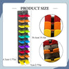 Wall-mounted hat organizer rack showing various colored plastic slots and dimensions.