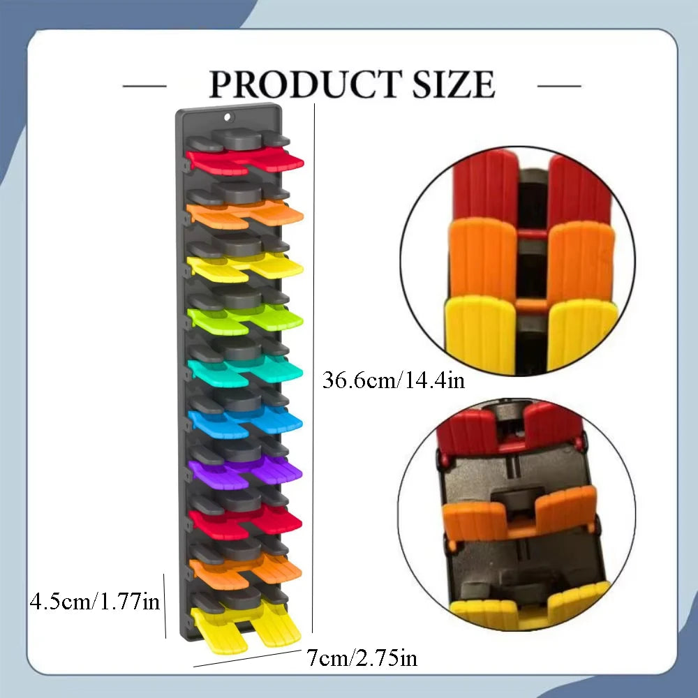 Wall-mounted hat organizer rack showing various colored plastic slots and dimensions.